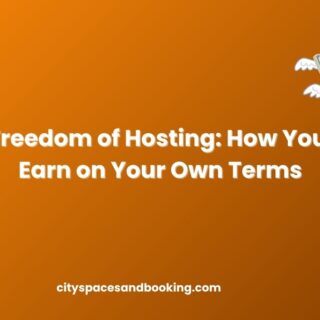 Two happy hosts sitting on stacks of coins with flying money graphics, representing earning freedom through hosting on City Spaces and Booking