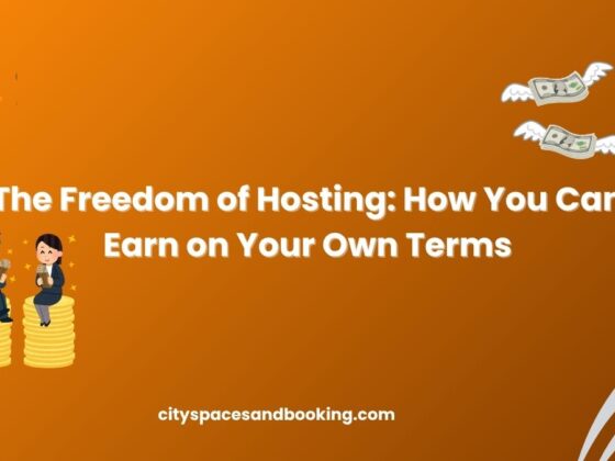 Two happy hosts sitting on stacks of coins with flying money graphics, representing earning freedom through hosting on City Spaces and Booking