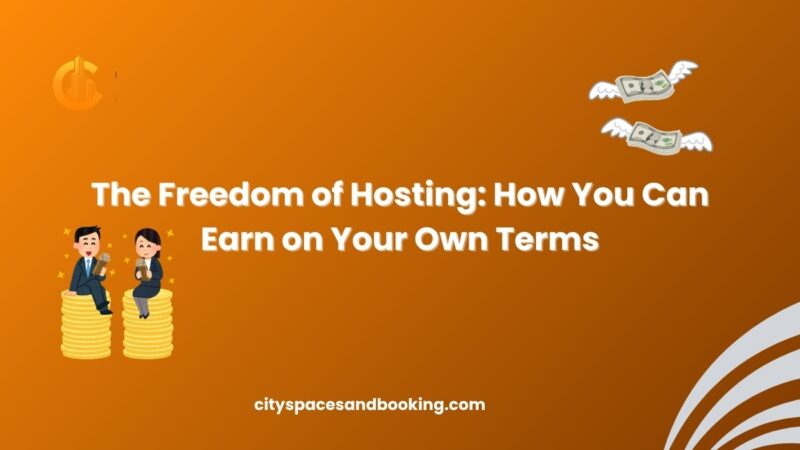 Two happy hosts sitting on stacks of coins with flying money graphics, representing earning freedom through hosting on City Spaces and Booking