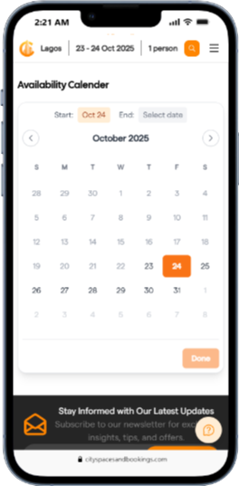 Host scheduling calendar showing available and booked dates for managing property rentals on City Spaces and Booking.